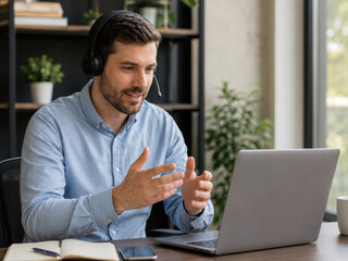 Obraz premium Man having online video meeting with laptop at home office