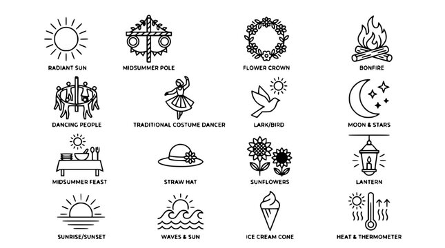 Summer Icons Collection: Sun, Bonfire, Dancing, Flowers, Ice Cream, Beach, Hat, Lantern