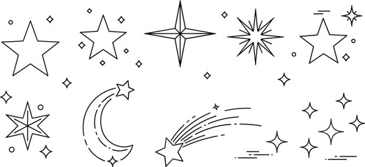 Hand drawn star and moon doodle vector set with sparkling comets and celestial line art elements © Sabbir Studio