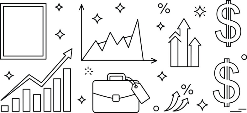 Financial business growth vector icon set with dollar sign investment graph and briefcase outlines