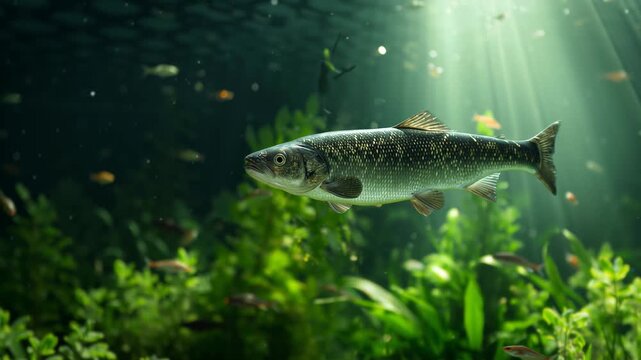 Northern pike swimming peacefully underwater with sun rays shining through the surface and green aquatic plants in the background