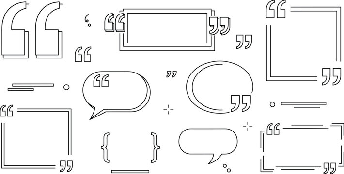 Quote text frame and speech bubble template set with quotation marks vector line art elements