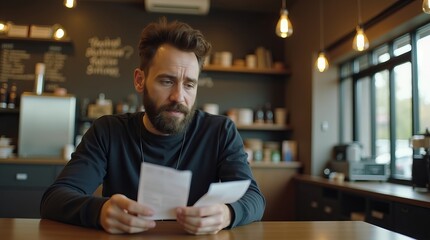 Fototapeta premium Serious man reading paper receipts while sitting at a coffee shop table.