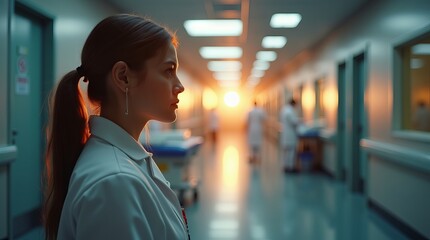 Obraz premium Pensive Young Nurse Standing in a Bright Hospital Corridor.
