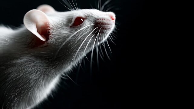 Close up shot of an inquisitive albino lab rat. The tiny creature, with its striking red eyes and snow white fur, appears to be investigating and sniffing its environment