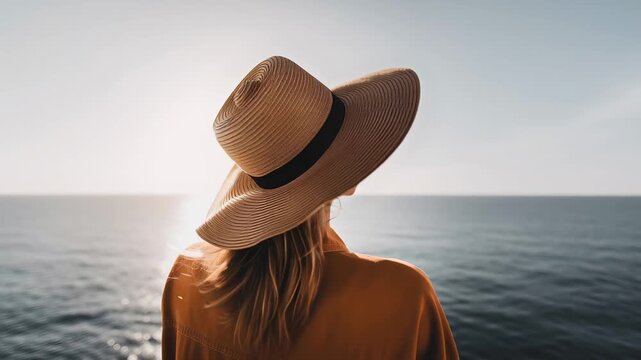 Young beautiful woman standing on a cruise ship deck and watching the sea. Female traveler admiring the beautiful sunset from the boat