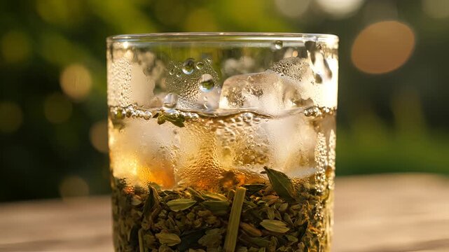 Refreshing Iced Herbal Tea Being Poured Over Ice Cubes in a Glass.