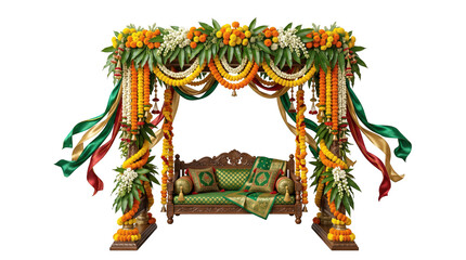 Fototapeta premium Traditional indian wedding swing decorated with marigold flowers isolated on transparent background