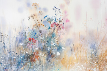 Obraz premium Watercolor painting showcasing wildflowers blooming in an abstract meadow with soft pastel colors and an ethereal light effect