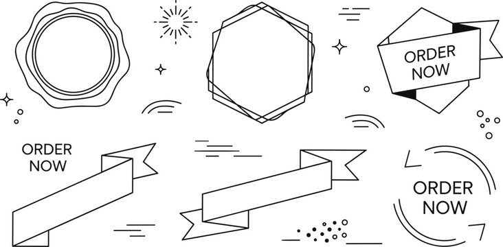 Geometric badge stamp and order now ribbon banner vector line art design template collection
