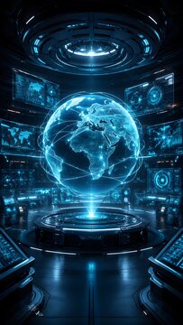 Abstract blue technology background featuring futuristic fiber optics with light spots forming a global digital network over a planet Earth map for web and communication concepts