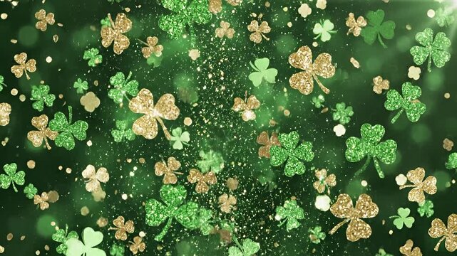 Sparkling Green and Gold Shamrocks Floating Animation for St Patricks Day Celebration.
