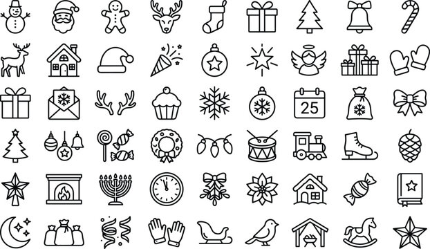 Christmas winter holiday vector line icon mega collection with Santa snowman tree and gifts