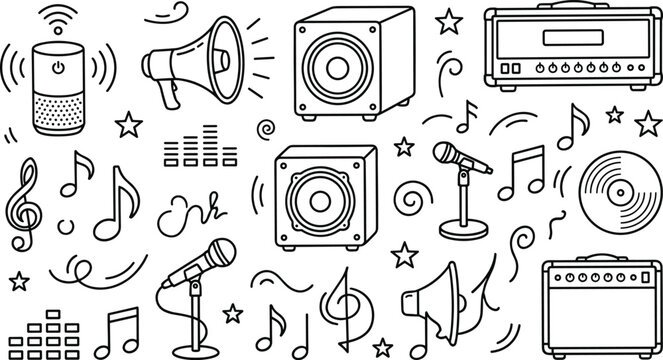 Modern audio sound equipment and music doodle icon vector line art set with smart speaker