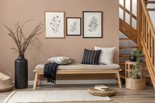 Wooden bench against grey wall and staircase. Scandinavian, rustic farmhouse interior design of modern entryway, Generative AI
