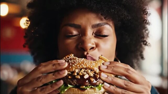 A man with dark curly hair is eating a large hamburger. The man is holding a hamburger with both hands and seems to be taking a bite.