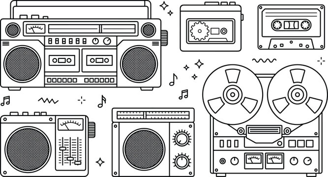 Retro vintage audio player equipment vector line art set with boombox cassette tape recorder