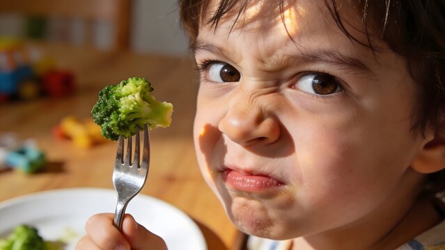 Disgusted small boy with curly hair closing his mouth and refusing food, showing picky eater behavior with fresh green broccoli being served by an adult in kitchen