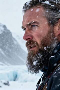 Determined Icelandic man with snow on beard facing a winter blizzard in intense mountain three quarter portrait.