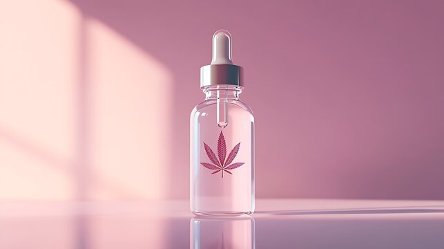 Dropper bottle with a cannabis leaf logo sits on a reflective surface under warm soft pink lighting.