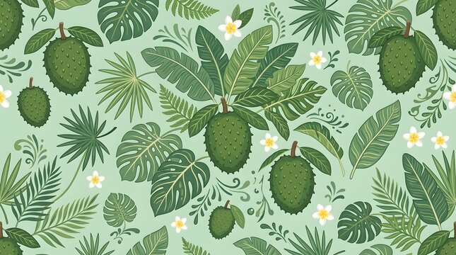 Soursop fruit seamless pattern with tropical leaves and frangipani flowers on green surface.