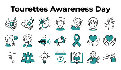 Fototapeta premium Tourettes Awareness Day Vector Icon Set with Symptoms and Support Elements