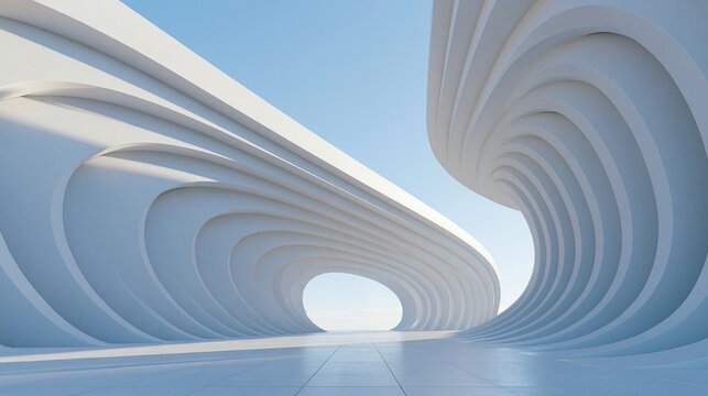 Minimalist futuristic white architectural arches structure against clear blue sky background