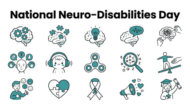 National Neuro-Disabilities Day Vector Line Icons Set for Awareness and Support