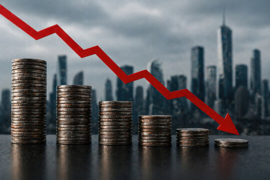 Falling red arrow above decreasing stacks of coins.