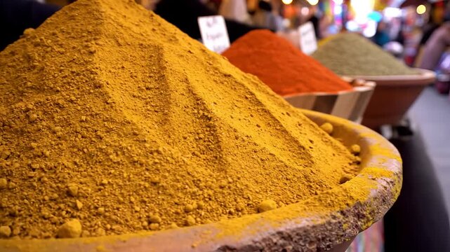 Vibrant Spices Piled High at a Bustling Market Stall.