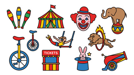 The vibrant illustration showcases various circus acts and performers in action. © ade