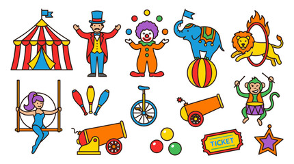Colorful illustration of a lively circus scene with performers and animals © ade