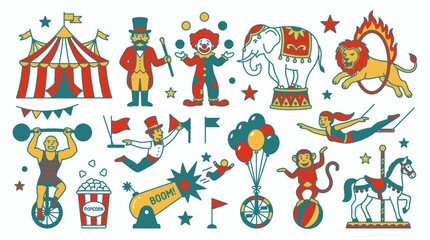 Vibrant illustration of a lively circus scene with performers and animals © ade