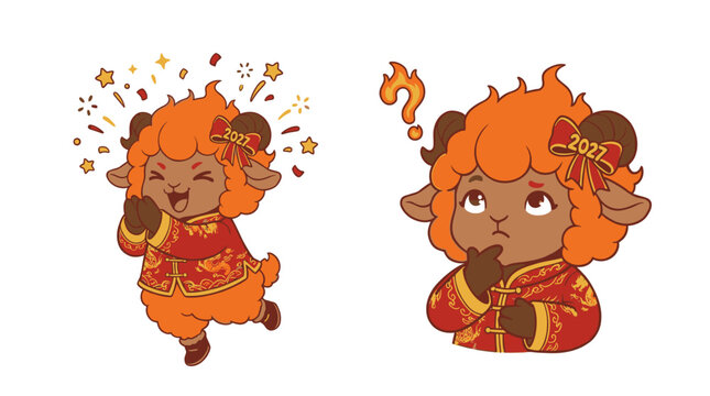 illustration of fire goat charater celebrating a chinese new year 2027, show emotion like emoticon pose