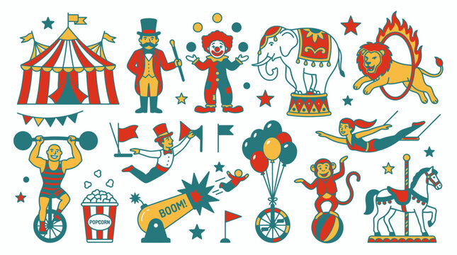 Vibrant illustration of a lively circus scene with performers and animals