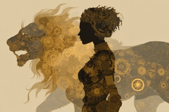 Silhouetted woman stands beside a roaring lion. Golden patterns swirl through both figures' forms. Majestic lion's mane blends with intricate designs. Woman's posture suggests strength