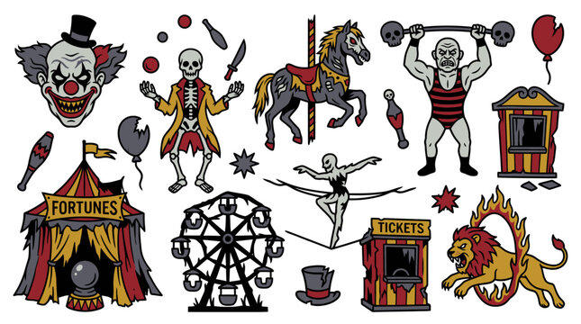 Helloween Circus performers illustration with clowns, horses, acrobats, and attractions.