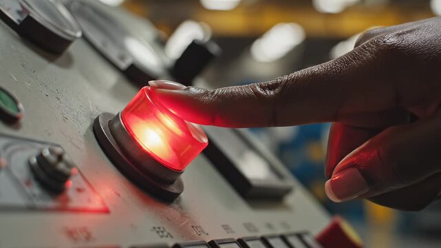 Hand pressing glowing red button on control panel highlighting geometric patterns and contemporary art
