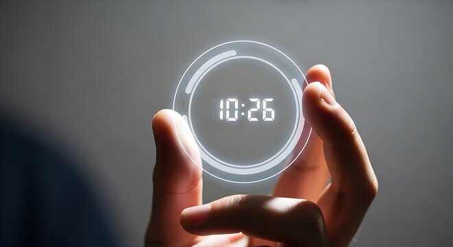 Hand holding a glowing circular digital clock interface with time display representing modern time management and digital technology in business