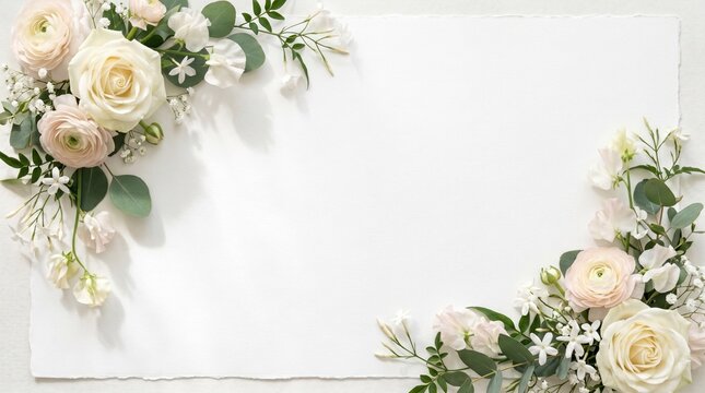 elegant wedding background, delicate flowers in corners casting soft shadows, white luxury background, premium stationery look, clean center