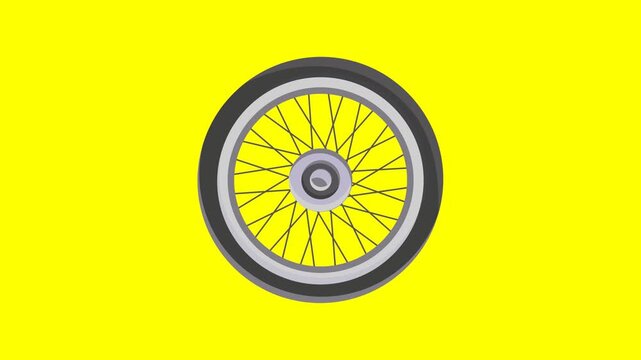 Spinning motorcycle wheel animation, close-up rotating tire on yellow background, 4K resolution.