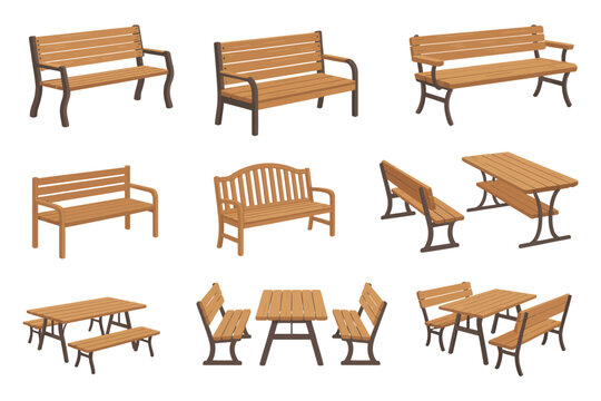 set of wooden bench with steel wood or concrete legs outdoor park furniture vector illustration isolated on white background, professional rank title graphics for city park planning, furniture hierarc