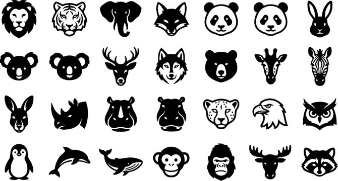 Wild animal faces vector icon set with cute safari zoo mammal silhouette graphic design elements