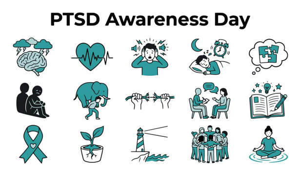 PTSD Awareness Day Vector Line Icons Set for Mental Health and Trauma Support