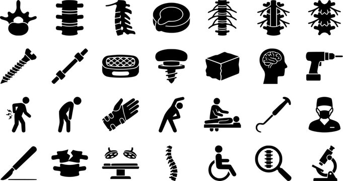 Spine surgery vector icon set with orthopedic implants medical equipment spinal vertebrae healthcare and surgery elements