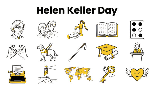 Helen Keller Day Vector Icon Set with Hand-Drawn Elements for Disability Awareness