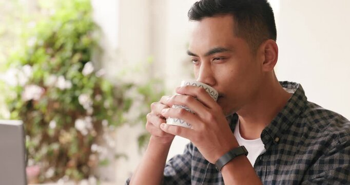 Coffee, laptop and man entrepreneur or work from home on business proposal, planning marketing strategy or website productivity. Remote worker at global company drinking tea outdoor and reading email