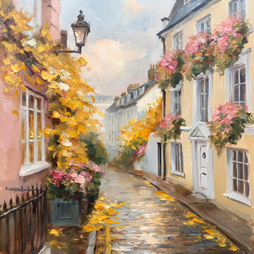 London mews street painting in autumn with colorful houses, hanging flowers, and wet cobblestones reflecting light