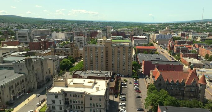 Aerial view of Scranton, old historical city in Pennsylvania. Eastern American cityscape.