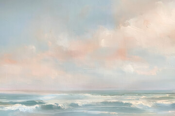 Obraz premium Abstract seascape painting showing soft pastel clouds drifting over a tranquil ocean with gentle waves
